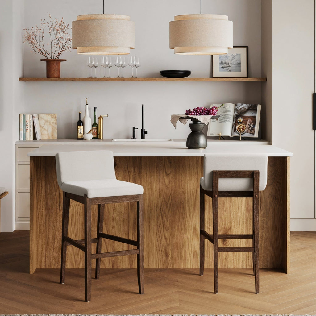 Gracie Tabouret de bar moderne, chaise rembourrée en bouclette et pieds en bois brossé