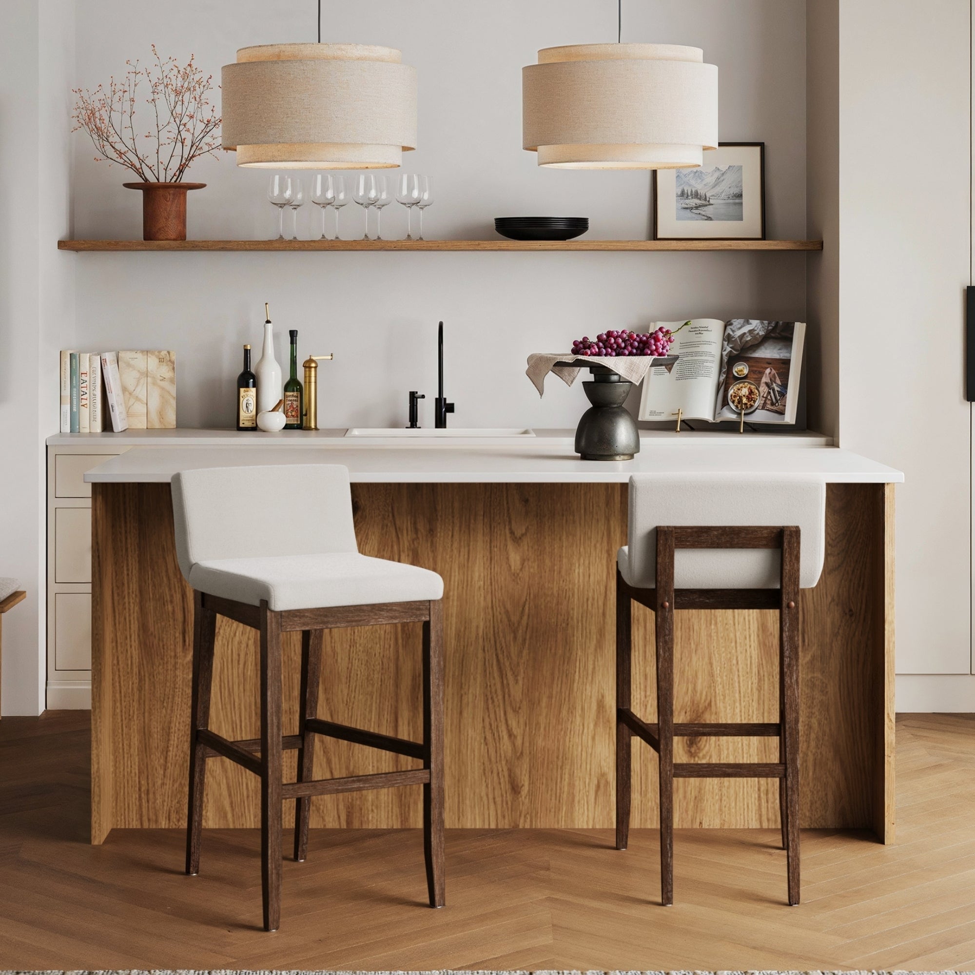 Gracie Tabouret de bar moderne, chaise rembourrée en bouclette et pieds en bois brossé