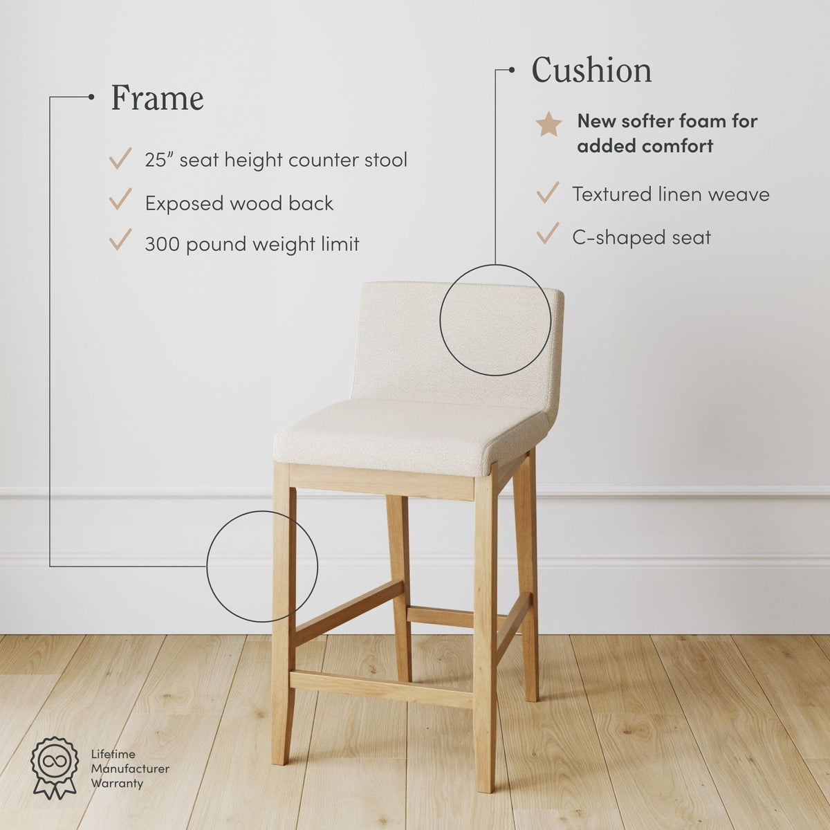 Gracie Tabouret de bar moderne, chaise rembourrée en bouclette et pieds en bois brossé