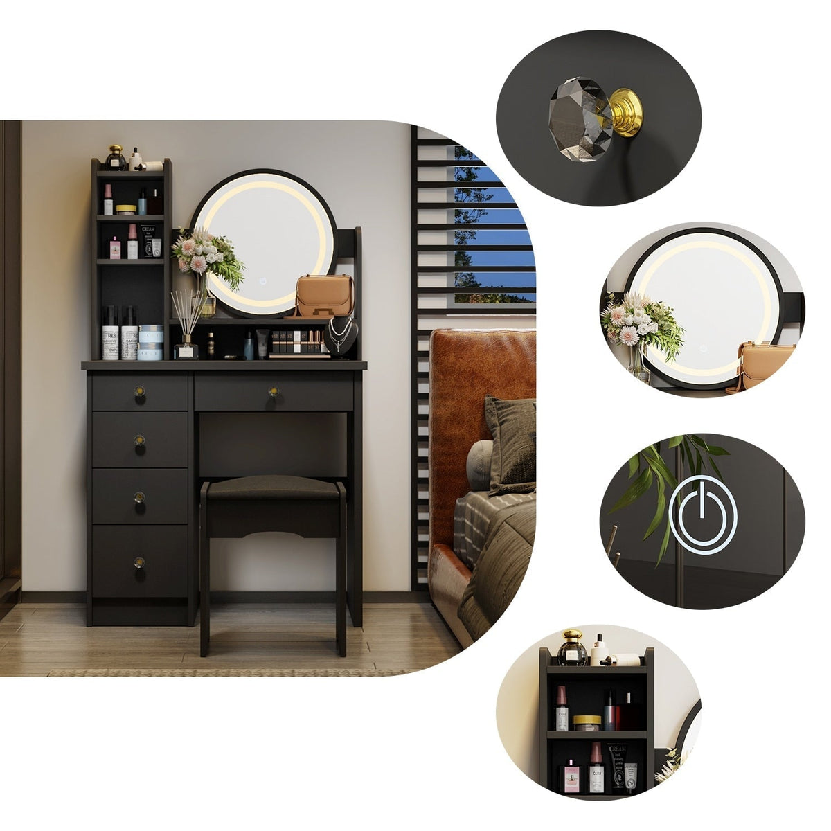 Ensemble coiffeuse table de maquillage avec miroir à écran tactile & tabouret