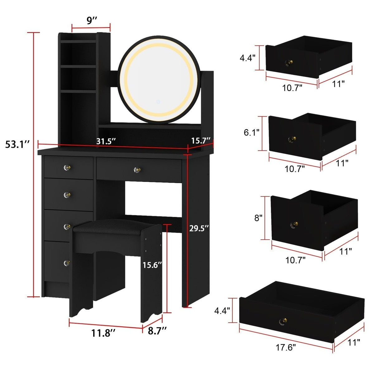 Ensemble coiffeuse table de maquillage avec miroir à écran tactile & tabouret