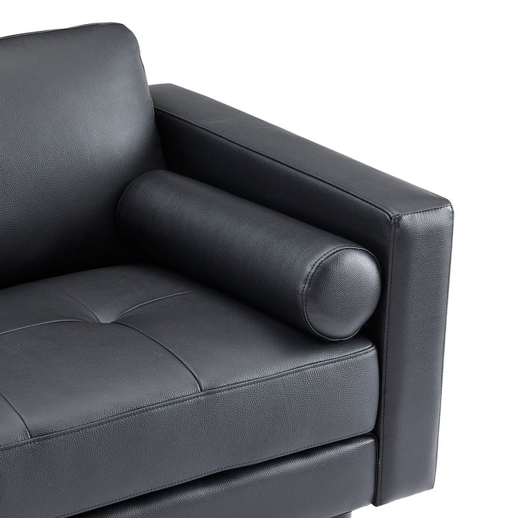 Canapé moderne en cuir véritable avec pieds en bois & coussin traversin supplémentaire