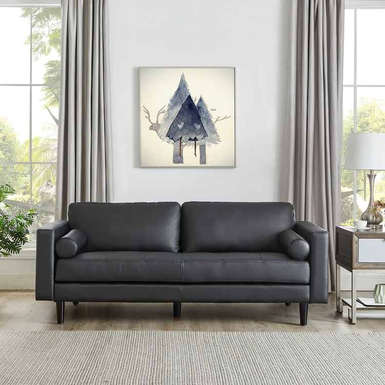Canapé moderne en cuir véritable avec pieds en bois & coussin traversin supplémentaire