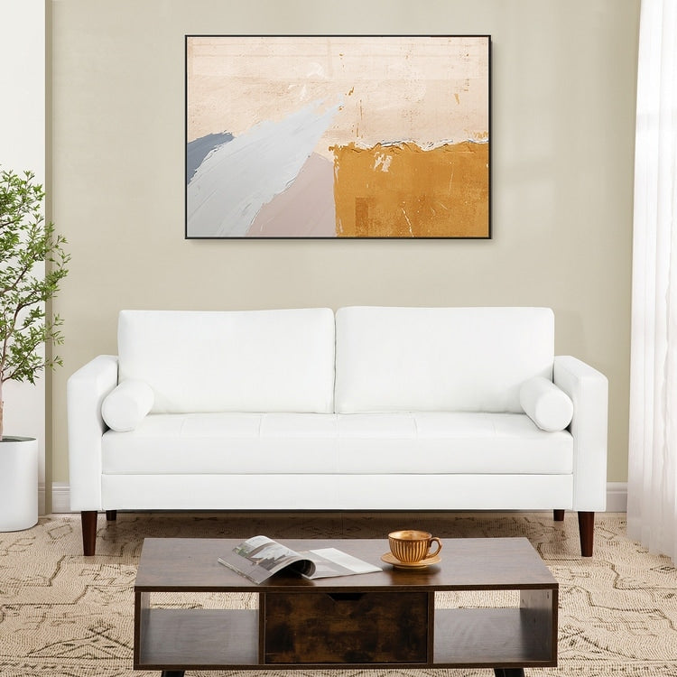Canapé moderne en cuir véritable avec pieds en bois & coussin traversin supplémentaire