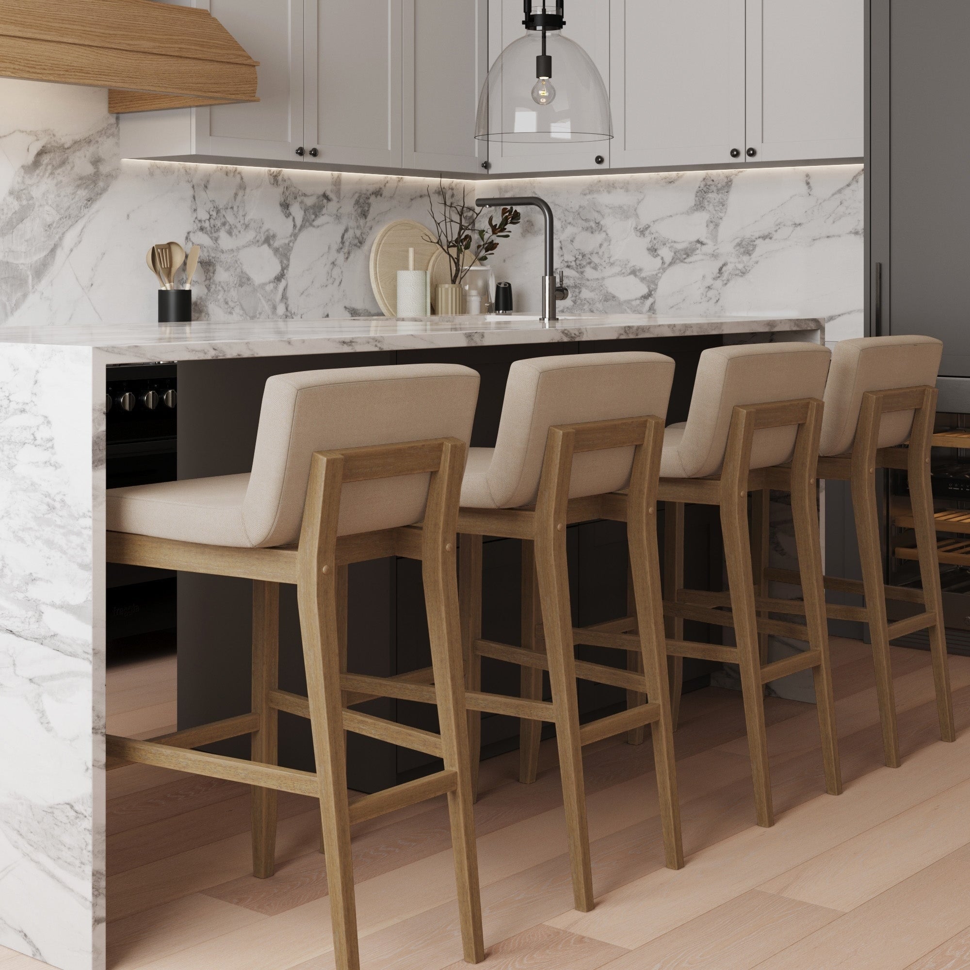 Gracie Tabouret de bar moderne, chaise rembourrée en bouclette et pieds en bois brossé