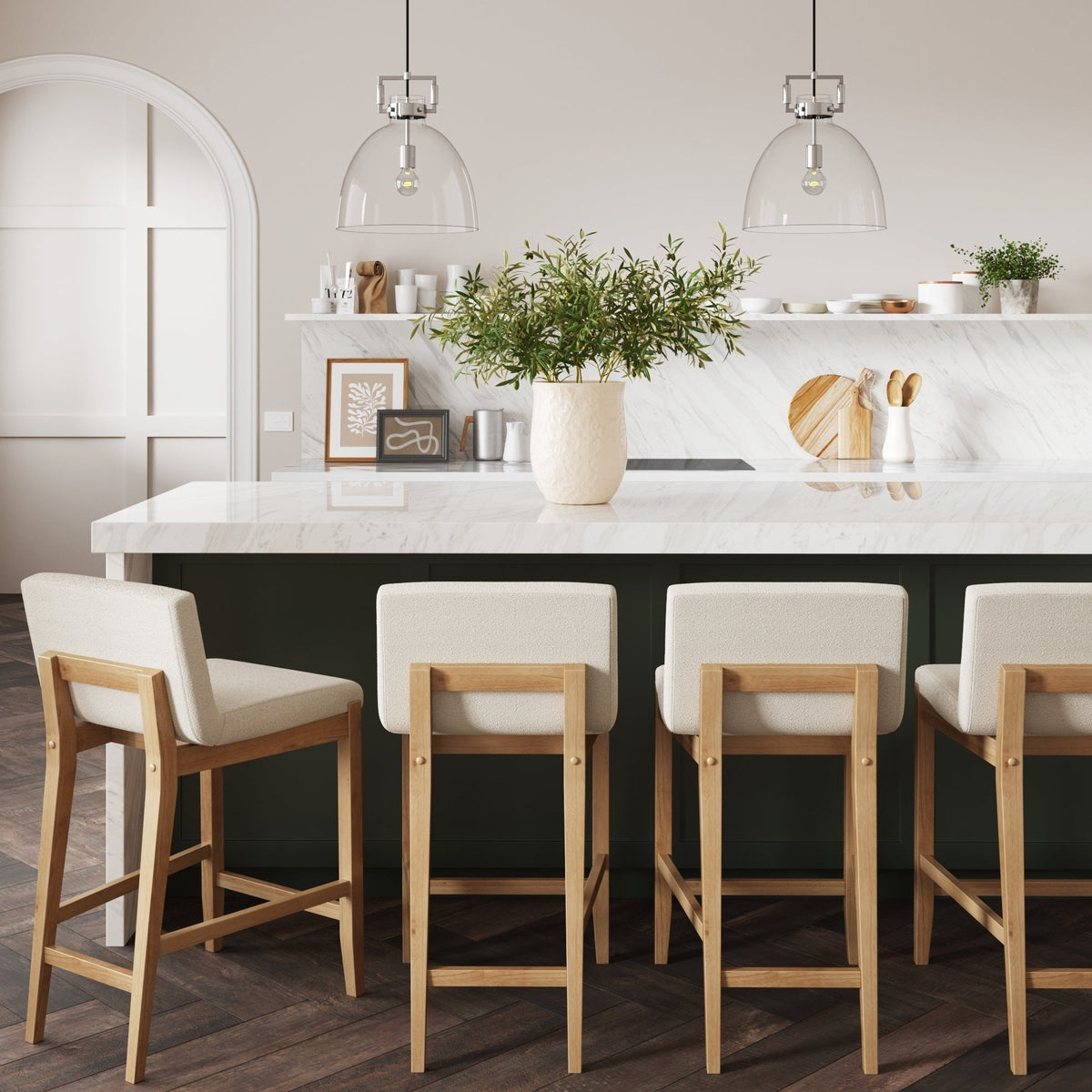 Gracie Tabouret de bar moderne, chaise rembourrée en bouclette et pieds en bois brossé