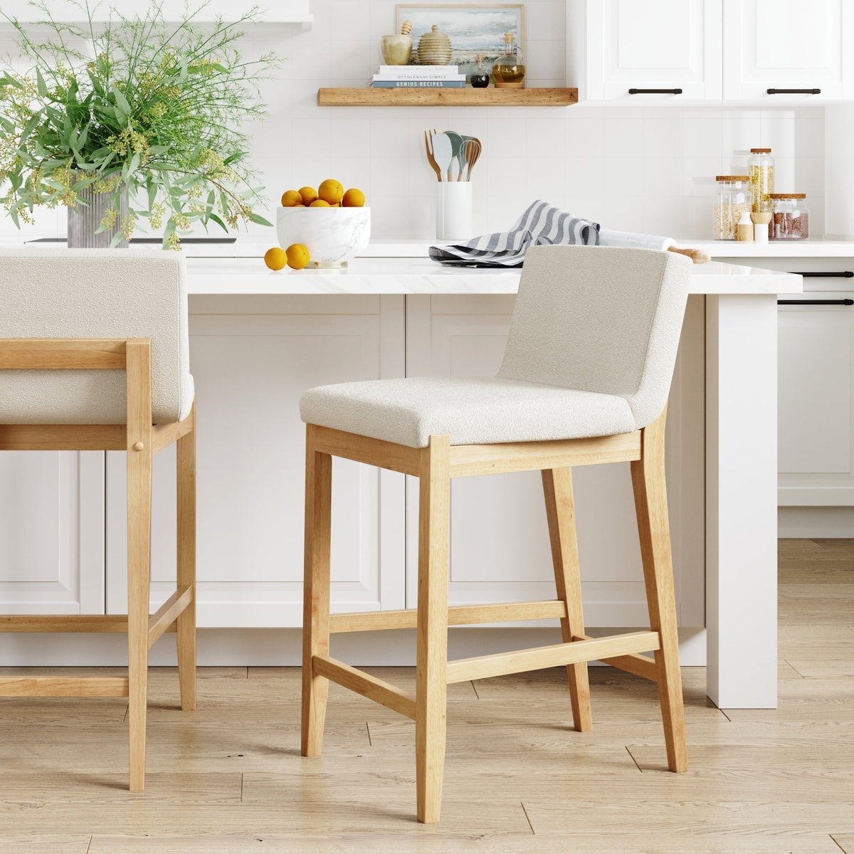 Gracie Tabouret de bar moderne, chaise rembourrée en bouclette et pieds en bois brossé