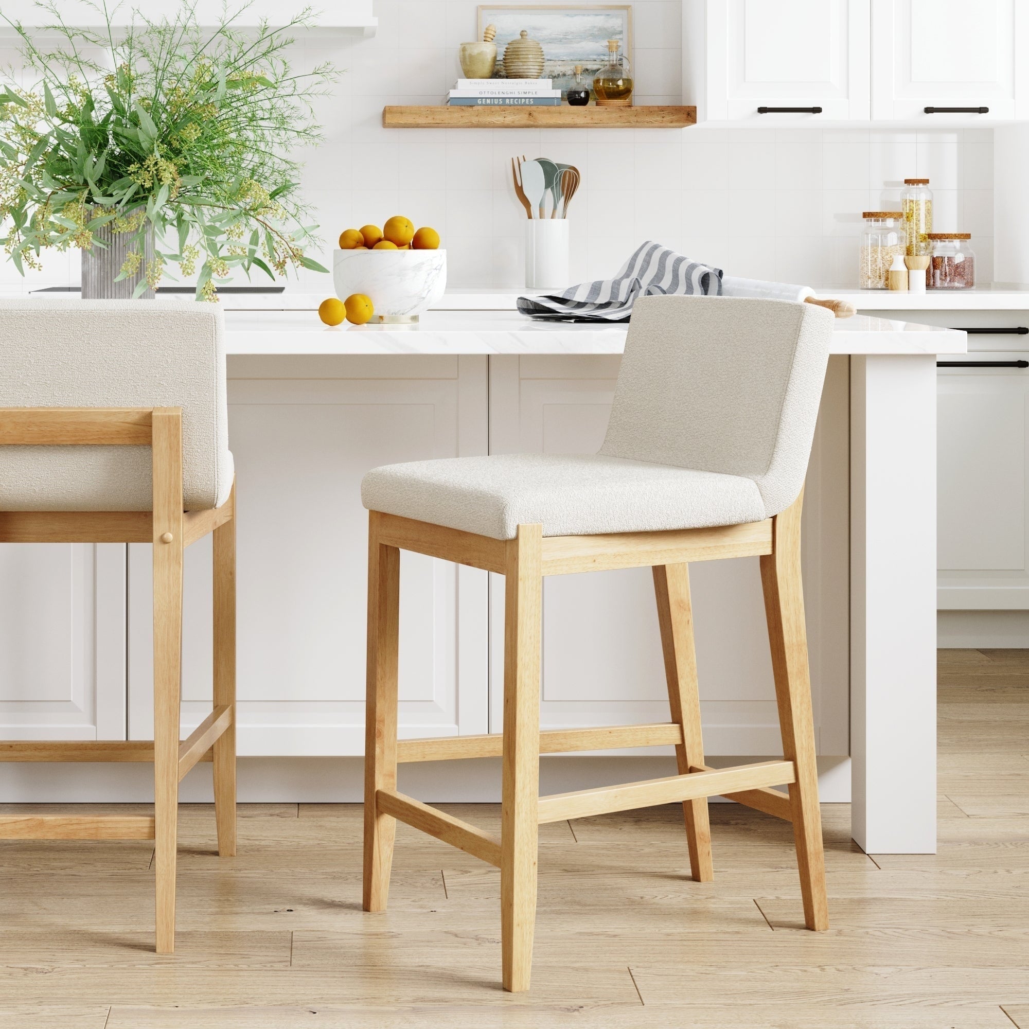 Gracie Tabouret de bar moderne, chaise rembourrée en bouclette et pieds en bois brossé