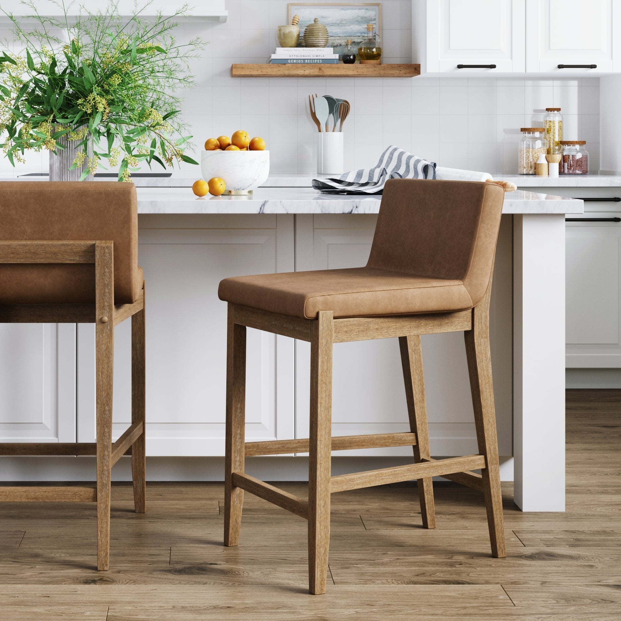 Gracie Tabouret de bar moderne, chaise rembourrée en bouclette et pieds en bois brossé