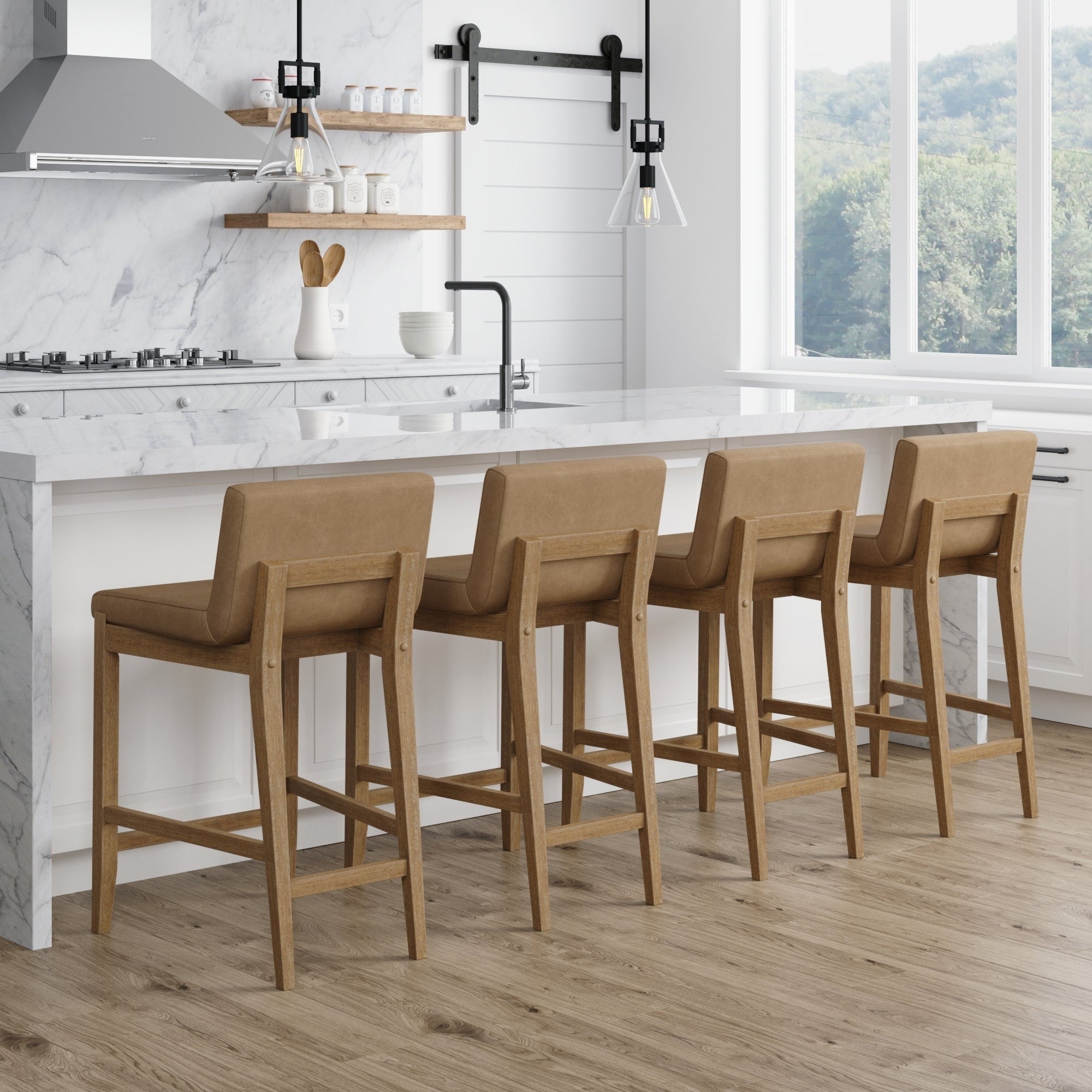 Gracie Tabouret de bar moderne, chaise rembourrée en bouclette et pieds en bois brossé