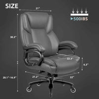 Chaise de bureau de direction Bossin grande taille et forte, 500 lb, avec support lombaire réglable, chaise ergonomique en cuir PU à dossier haut pour ordinateur