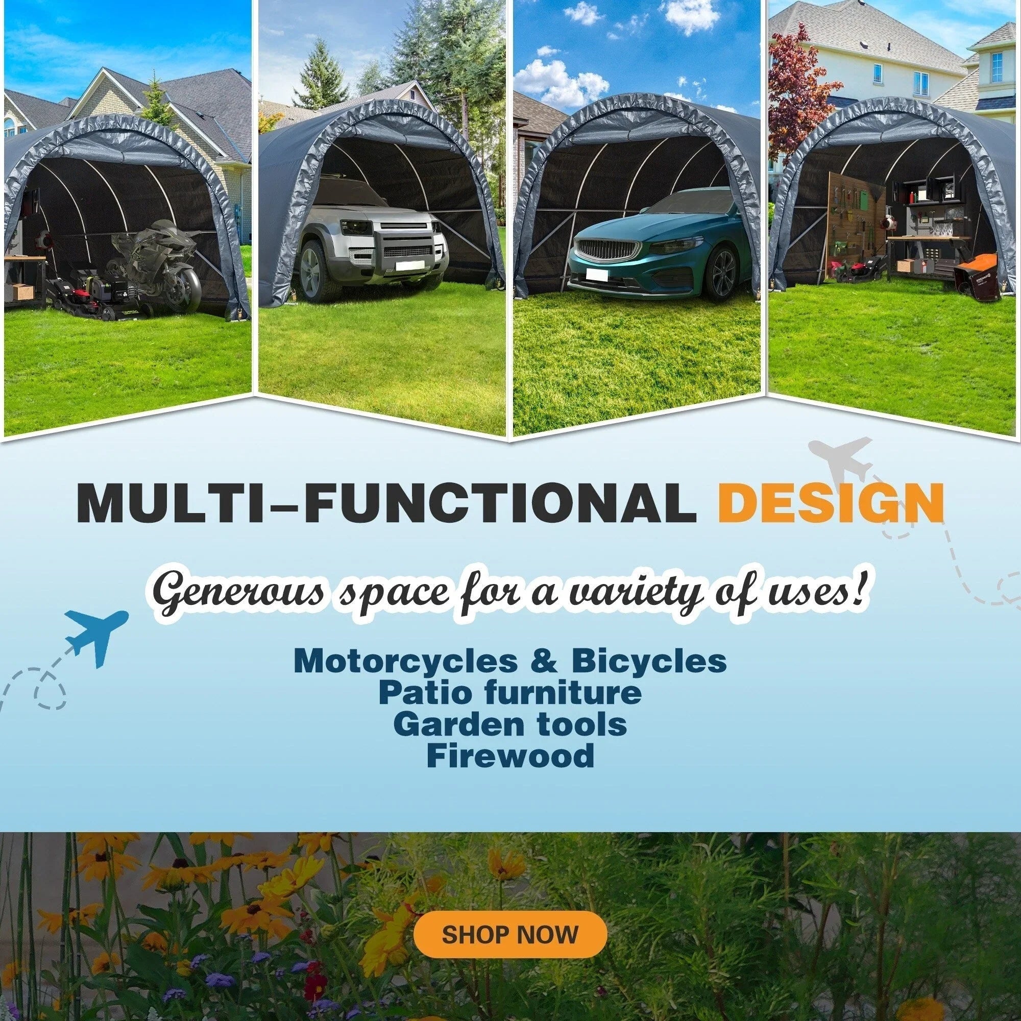 Abri de rangement extérieur et auvent carport : abri portable pour vélos, motos et rangement de jardin