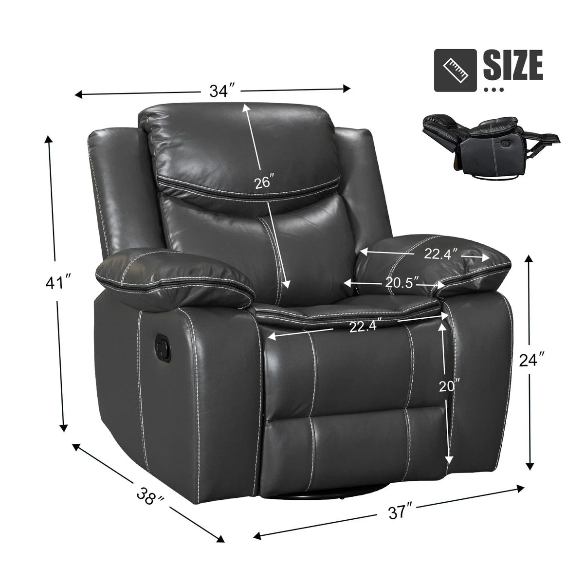 Fauteuil inclinable de massage et chaleur en cuir durable à assise large