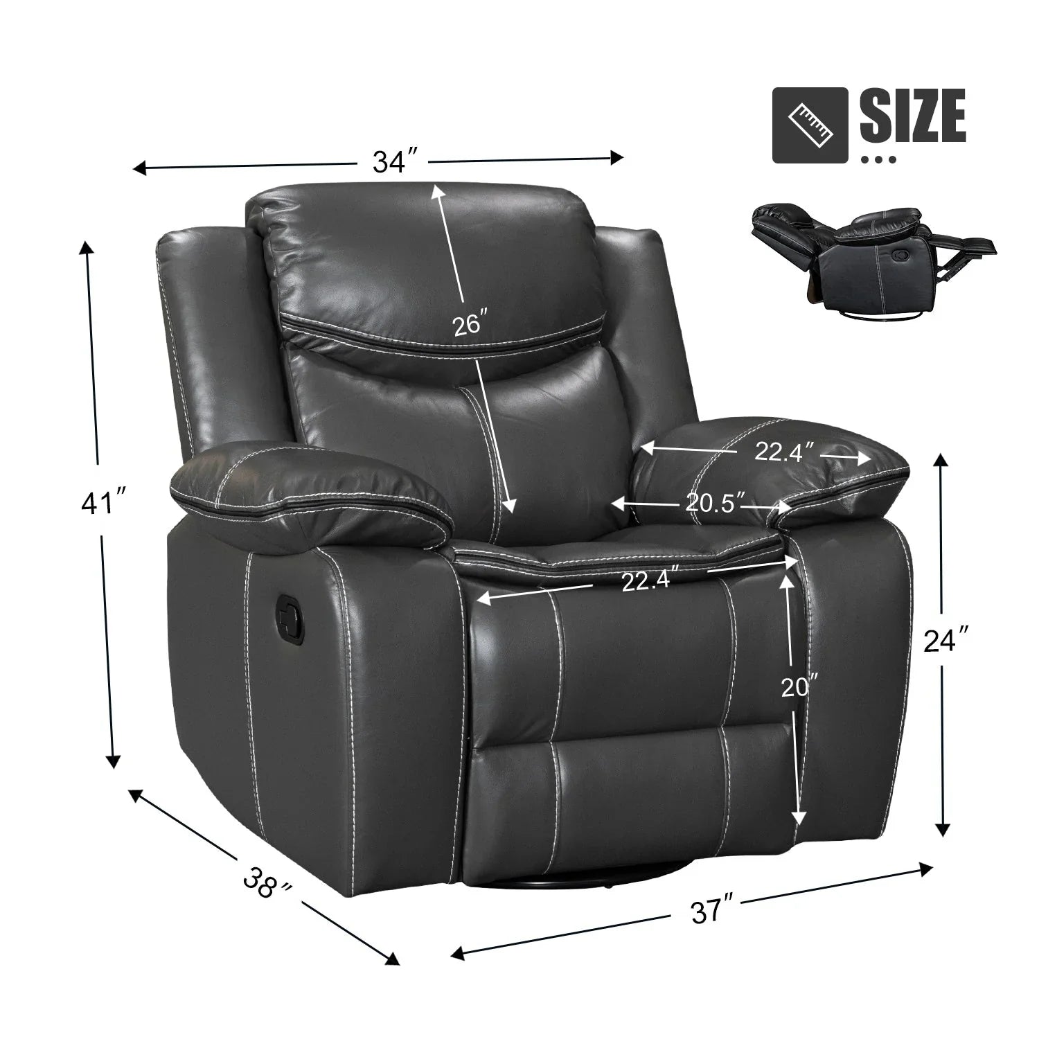 Fauteuil inclinable de massage et chaleur en cuir durable à assise large