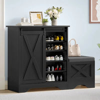 Meuble à chaussures farmhouse avec porte coulissante, banc à chaussures, meuble de rangement à 5 niveaux avec étagères réglables pour 20 paires