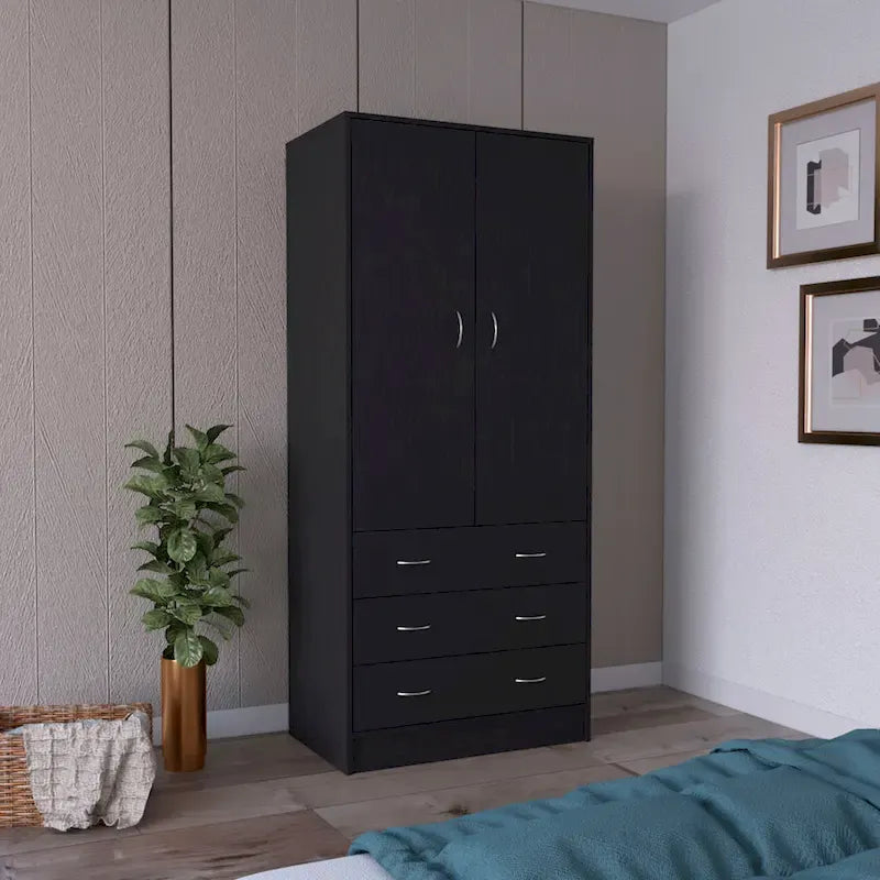 Armoire moderne à double porte 19 avec 3 tiroirs et 1 tringle de suspension pour chambre