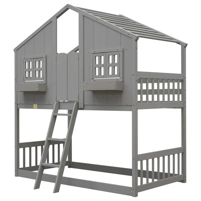Lit superposé cabane jumeau sur jumeau avec toit, fenêtre, jardinière, porte, barrières de sécurité et échelle, gris