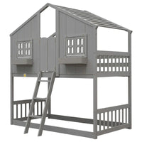 Lit superposé cabane jumeau sur jumeau avec toit, fenêtre, jardinière, porte, barrières de sécurité et échelle, gris