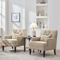 Lot de 2 fauteuils rembourrés avec boutons touffetés et oreiller lombaire beige/gris/bleu clair