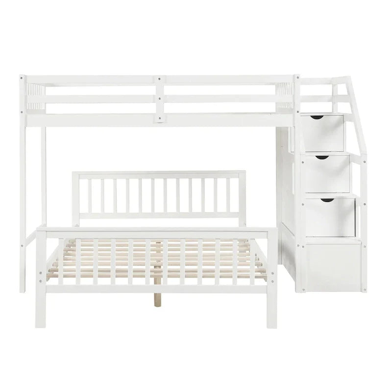 Lit mezzanine double sur lit double en bois avec escalier, balustrades hautes et échelle