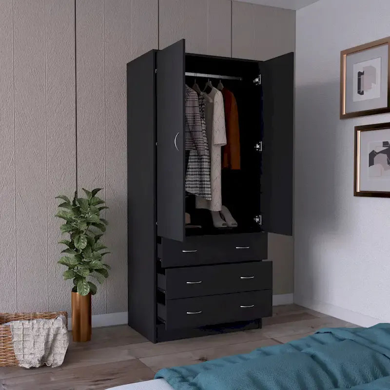 Armoire moderne à double porte 19 avec 3 tiroirs et 1 tringle de suspension pour chambre