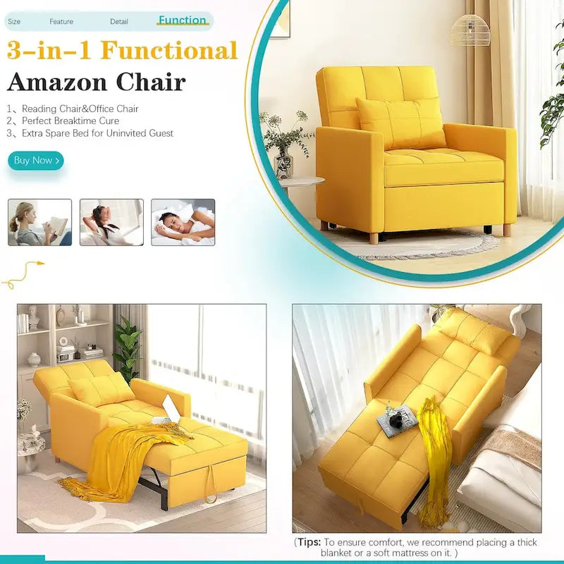 AECOJOY - Fauteuil convertible 3 en 1 avec coussin et dossier inclinable