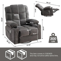 Fauteuil inclinable gris surdimensionné avec fonctions de chauffage et de massage, inclinaison à 150°, bascule à 30°, port USB pour la recharge et 2 porte-gobelets