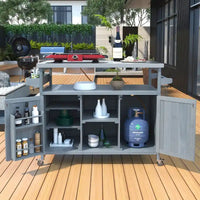 Îlot de cuisine extérieur, chariot de bar roulant et meuble de rangement, table de grillade en bois massif avec plateau en acier inoxydable, porte-épices, porte-serviettes