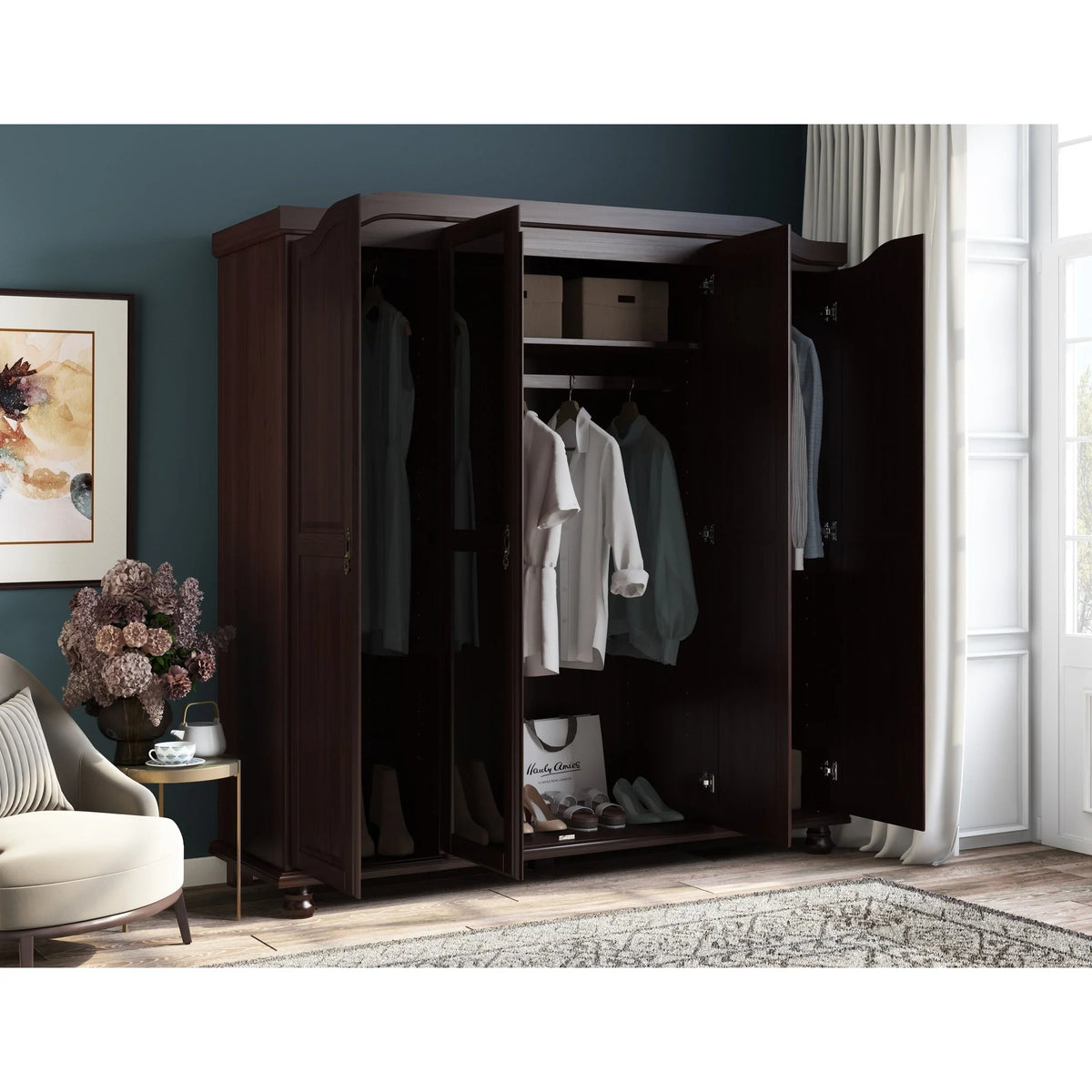 Palace Imports Armoire-penderie Kyle 4 portes 100% bois massif avec portes en bois massif ou miroir
