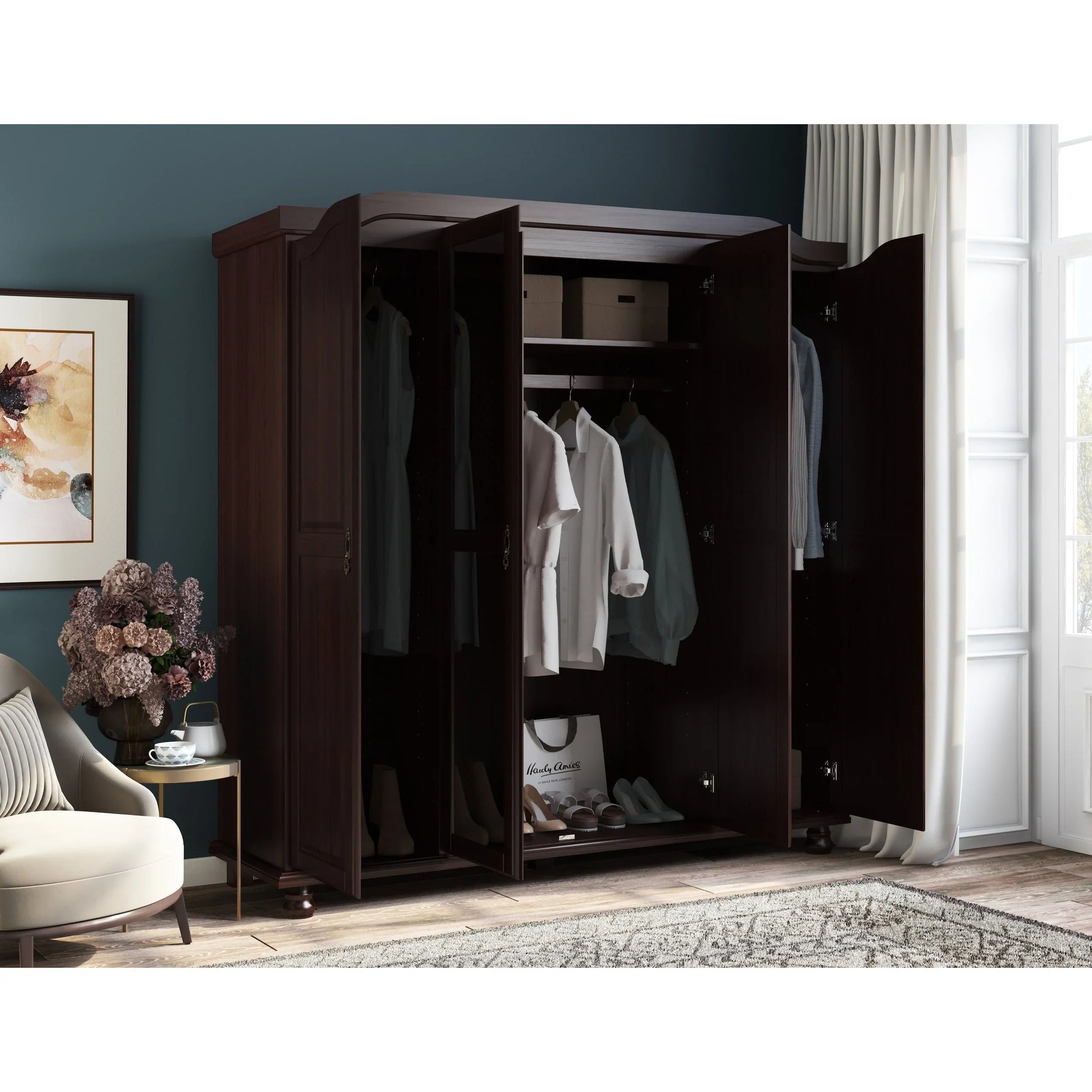 Palace Imports Armoire-penderie Kyle 4 portes 100% bois massif avec portes en bois massif ou miroir