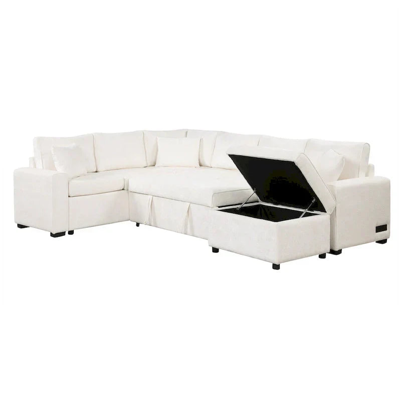 Canapé sectionnel en chenille avec canapé-lit escamotable, canapé-lit en forme de L avec ottoman de rangement, 3 coussins et prises de charge