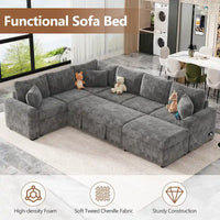 Canapé sectionnel en chenille avec canapé-lit escamotable, canapé-lit en forme de L avec ottoman de rangement, 3 coussins et prises de charge