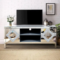 Meuble TV de 150 cm avec portes miroir en losange et rangement pour téléviseurs jusqu'à 65 pouces