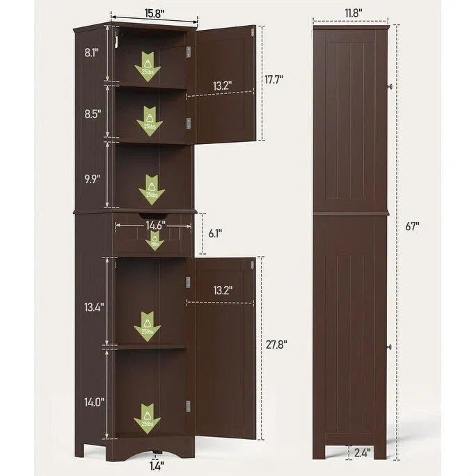 Meuble de salle de bain haut 67 H, tour à linge étroite, meuble de rangement avec 2 portes et tiroir