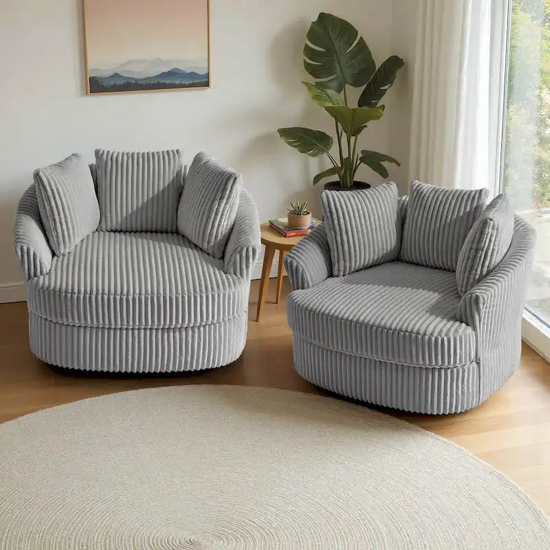 Lot de 2 fauteuils tonneau pivotants surdimensionnés 43 W en velours côtelé moelleux avec coussins