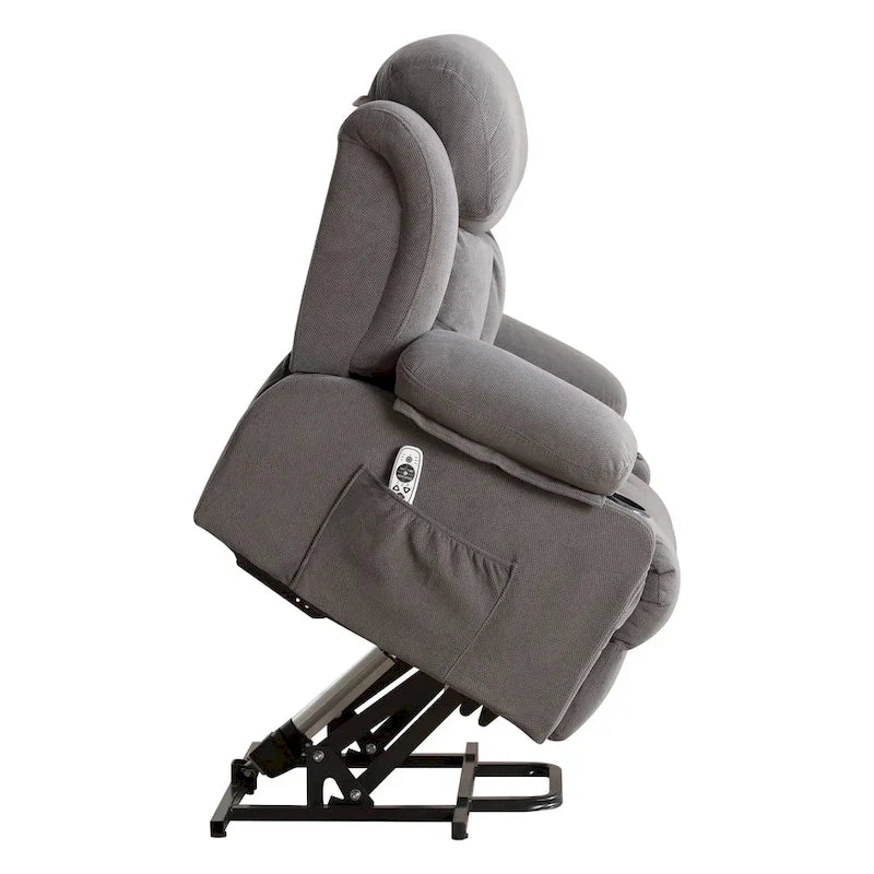 Fauteuil releveur électrique gris avec massage chauffant, charge USB, télécommande et poches latérales pratiques pour seniors