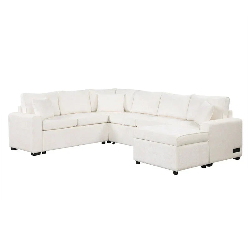 Canapé sectionnel en chenille avec canapé-lit escamotable, canapé-lit en forme de L avec ottoman de rangement, 3 coussins et prises de charge