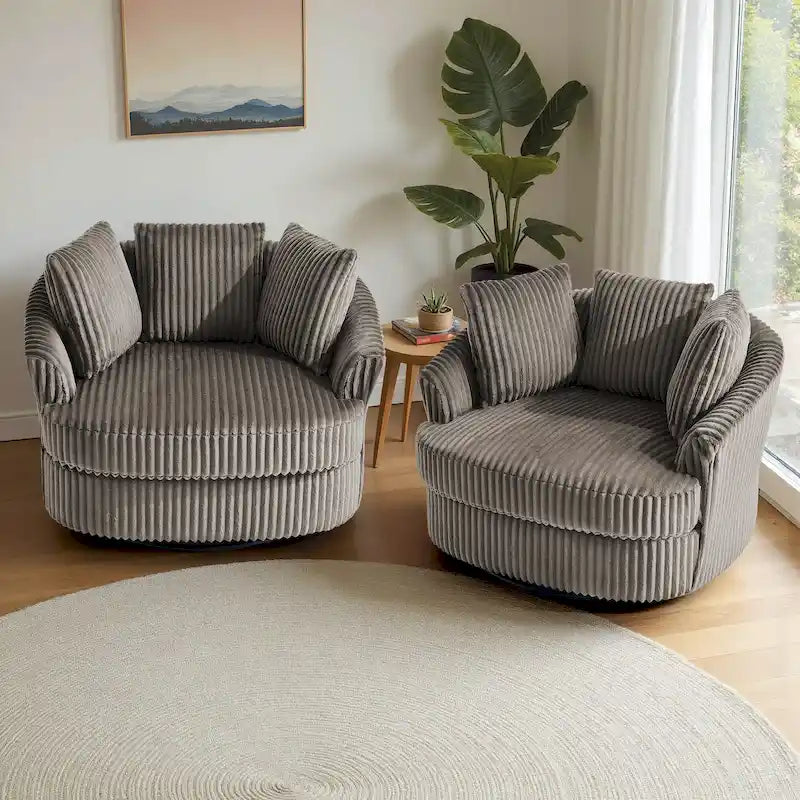 Lot de 2 fauteuils tonneau pivotants surdimensionnés 43 W en velours côtelé moelleux avec coussins