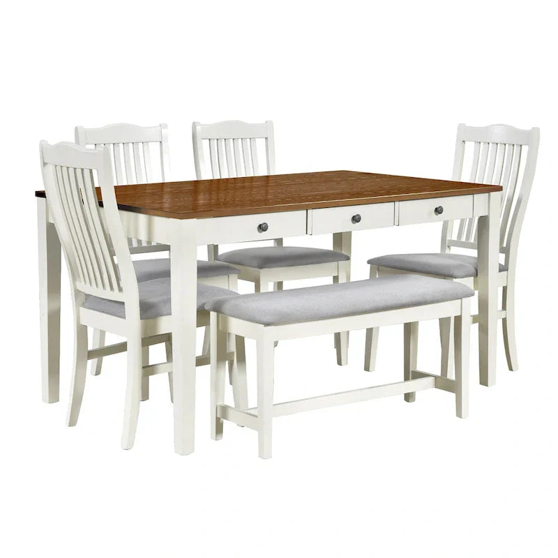 Ensemble de salle à manger 6 pièces en bois avec 4 chaises et un banc, table avec tiroir