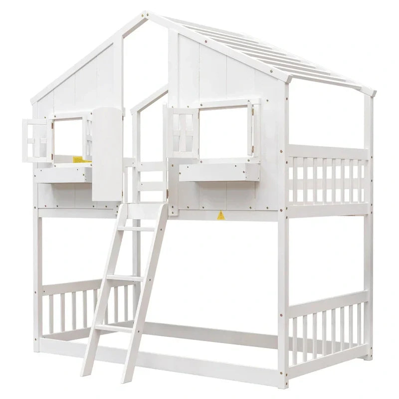 Lit superposé cabane jumeau sur jumeau avec toit, fenêtre, jardinière, porte, barrières de sécurité et échelle, gris