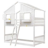 Lit superposé cabane jumeau sur jumeau avec toit, fenêtre, jardinière, porte, barrières de sécurité et échelle, gris