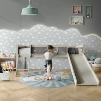Lit mezzanine bas classique double CraftPorch avec tableau noir, toboggan et échelle