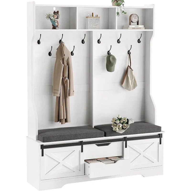 Hall Tree avec banc et rangement à chaussures, porte-manteau, porte de grange