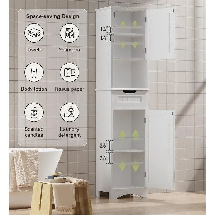 Meuble de salle de bain haut 67 H, tour à linge étroite, meuble de rangement avec 2 portes et tiroir