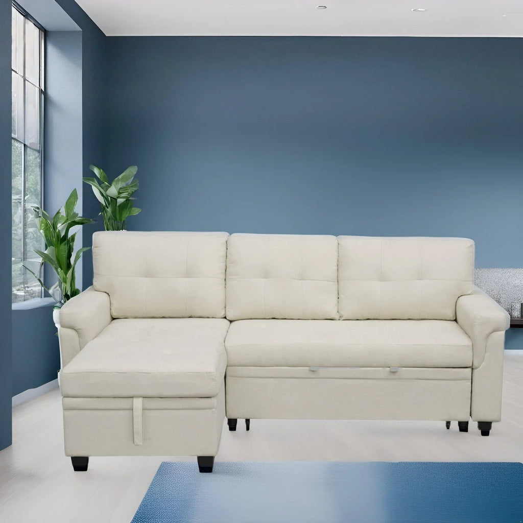 Canapé sectionnel réversible avec lit escamotable, méridienne de rangement dissimulée, pieds durables,