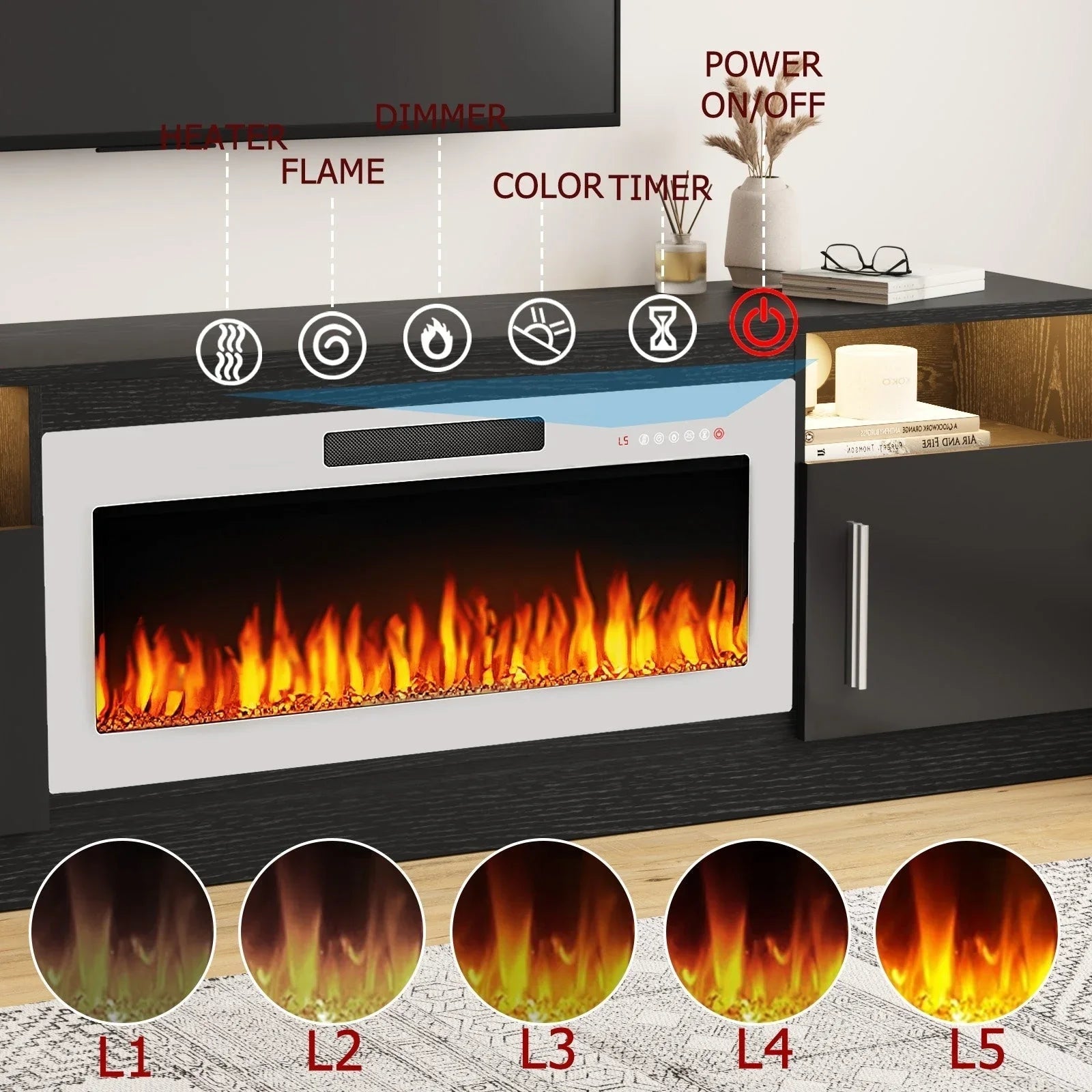 Bossin Meuble TV avec foyer 70 avec foyer électrique 36, meuble TV pour téléviseurs jusqu'à 80, LED 16 couleurs/meuble de divertissement