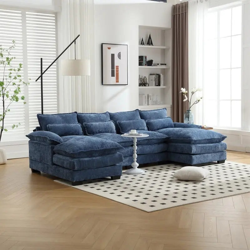 Canapé Sectionnel Canapé Nuage pour Salon, Canapé Moderne Forme U en Chenille/Bouclette, Canapé-Lit Modulable Confortable avec Double Méridienne