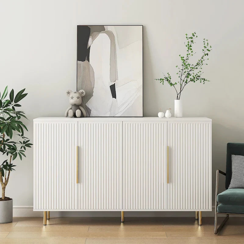 Meuble buffet à portes décoratives cannelées, buffet en bois avec poignées métalliques, armoire de rangement avec étagères réglables