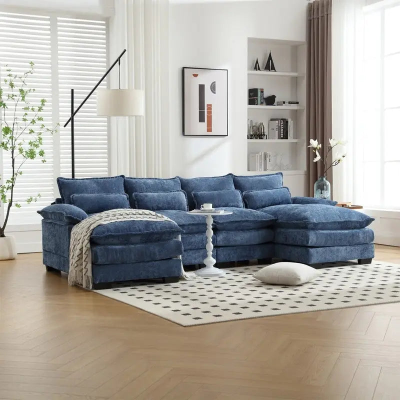 Canapé Sectionnel Canapé Nuage pour Salon, Canapé Moderne Forme U en Chenille/Bouclette, Canapé-Lit Modulable Confortable avec Double Méridienne