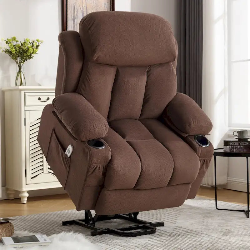 Fauteuil releveur électrique gris avec massage chauffant, charge USB, télécommande et poches latérales pratiques pour seniors
